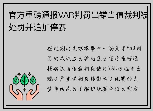 官方重磅通报VAR判罚出错当值裁判被处罚并追加停赛